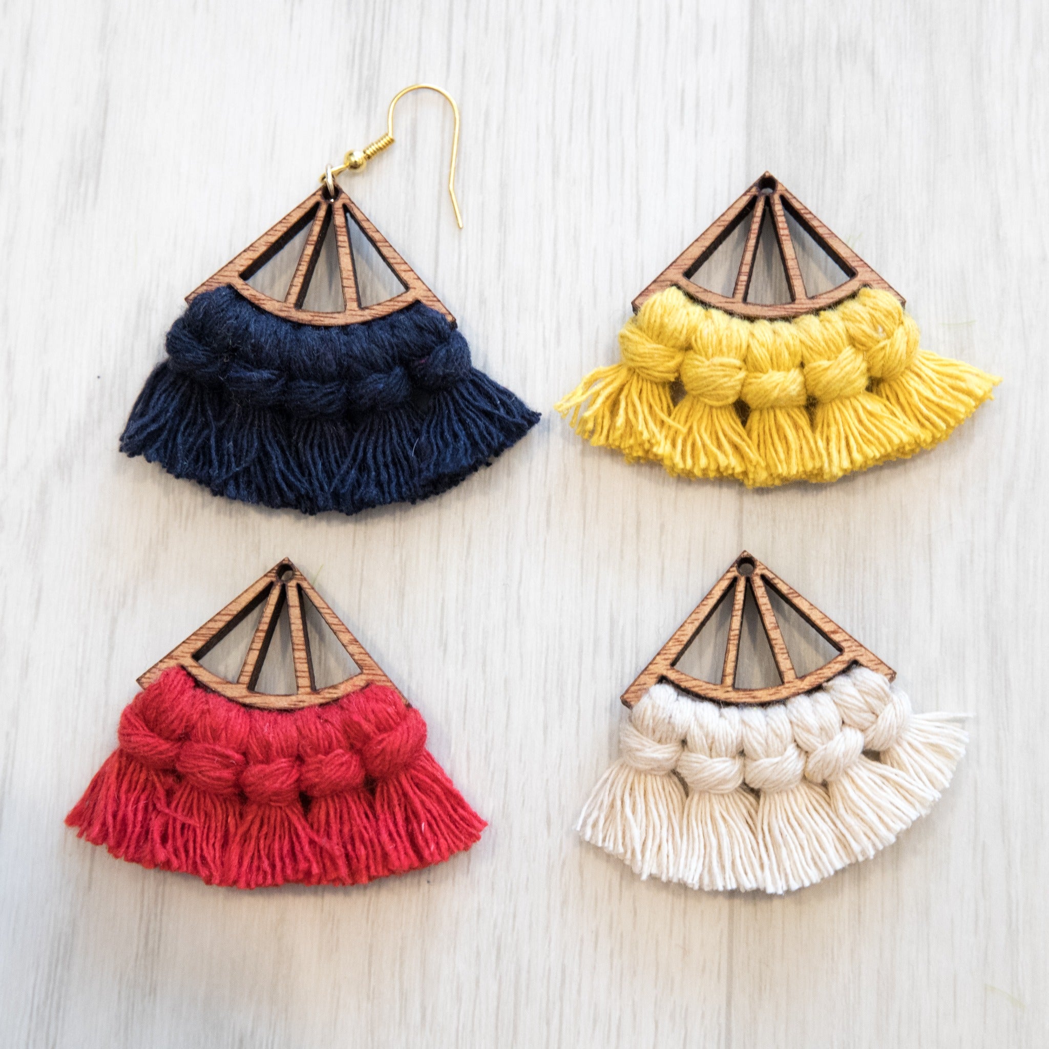 Macramé Wooden Tassel Earrings - Short