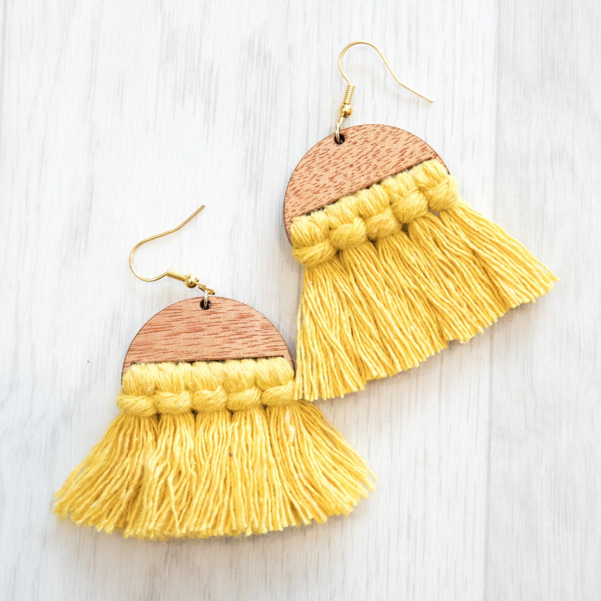 Macramé Wooden Tassel Earrings - Halfmoon