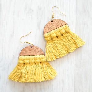 Macramé Wooden Tassel Earrings - Halfmoon